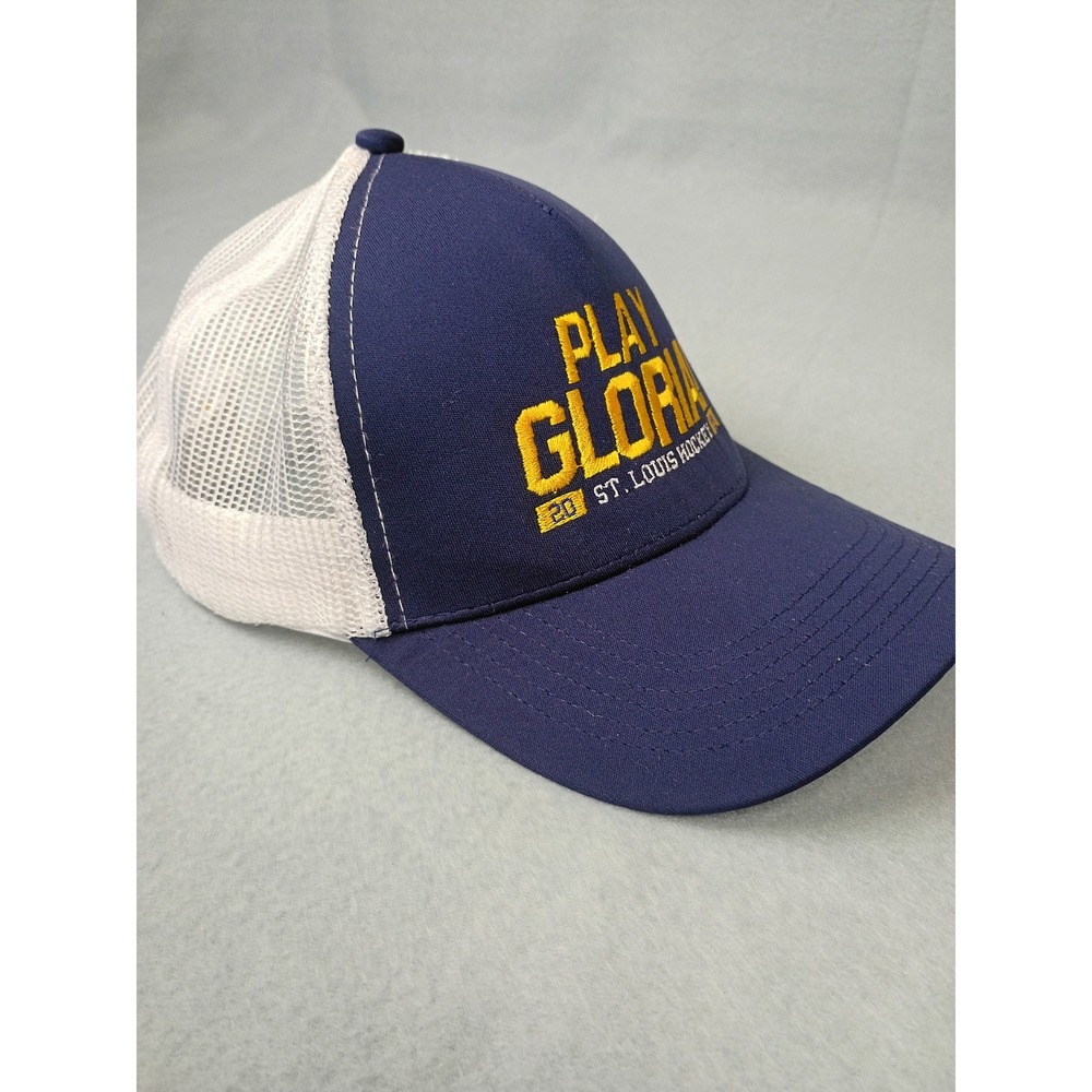 Sport-Tek St Louis Hockey Play Gloria 2019 Navy Blue White Mesh Trucker Hat Cap